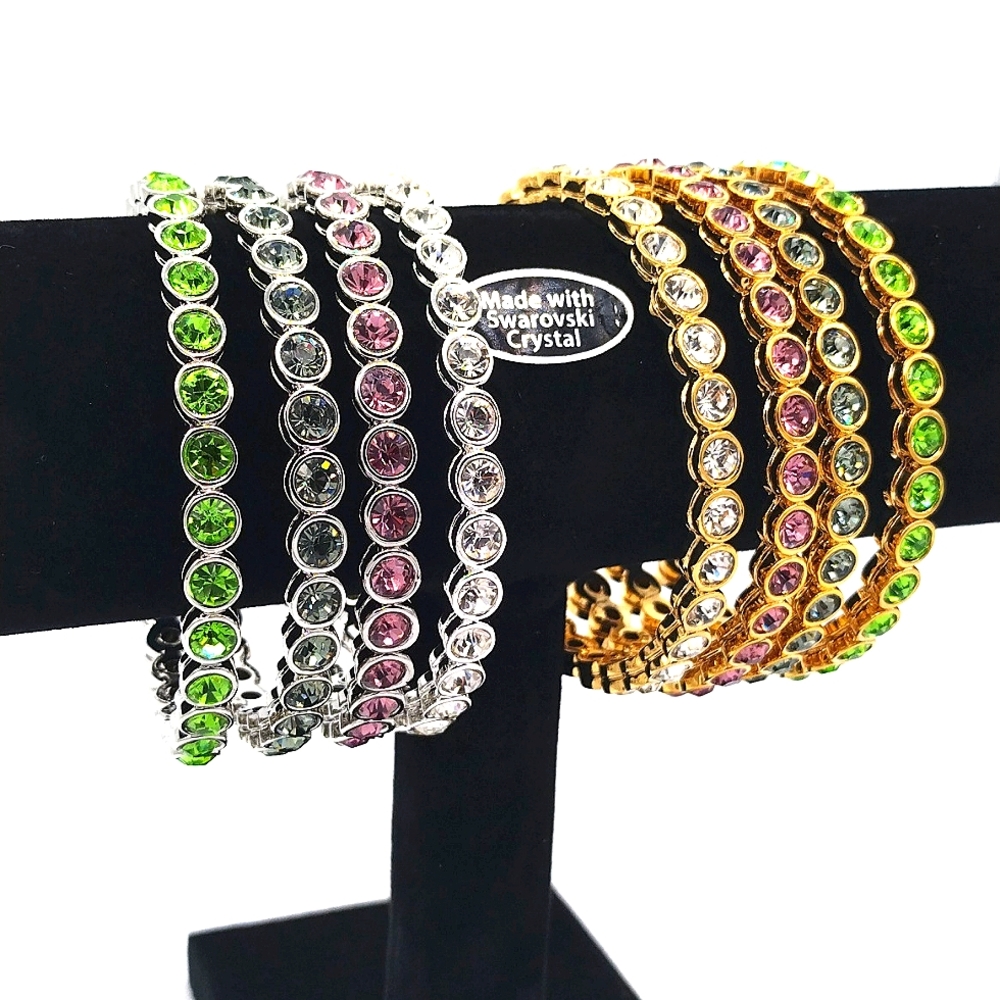 Lot of 4 Made with Swarovski Crystals Brass Stackable Bangle Bracelets in Gold - Picture 1 of 8